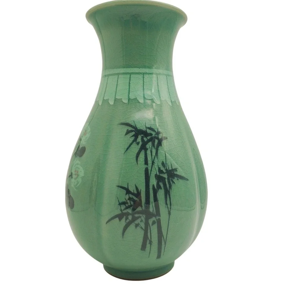 Korean Celadon Green Vase Cherry Blossom Flower Retro Bamboo Asian Pottery Vtg